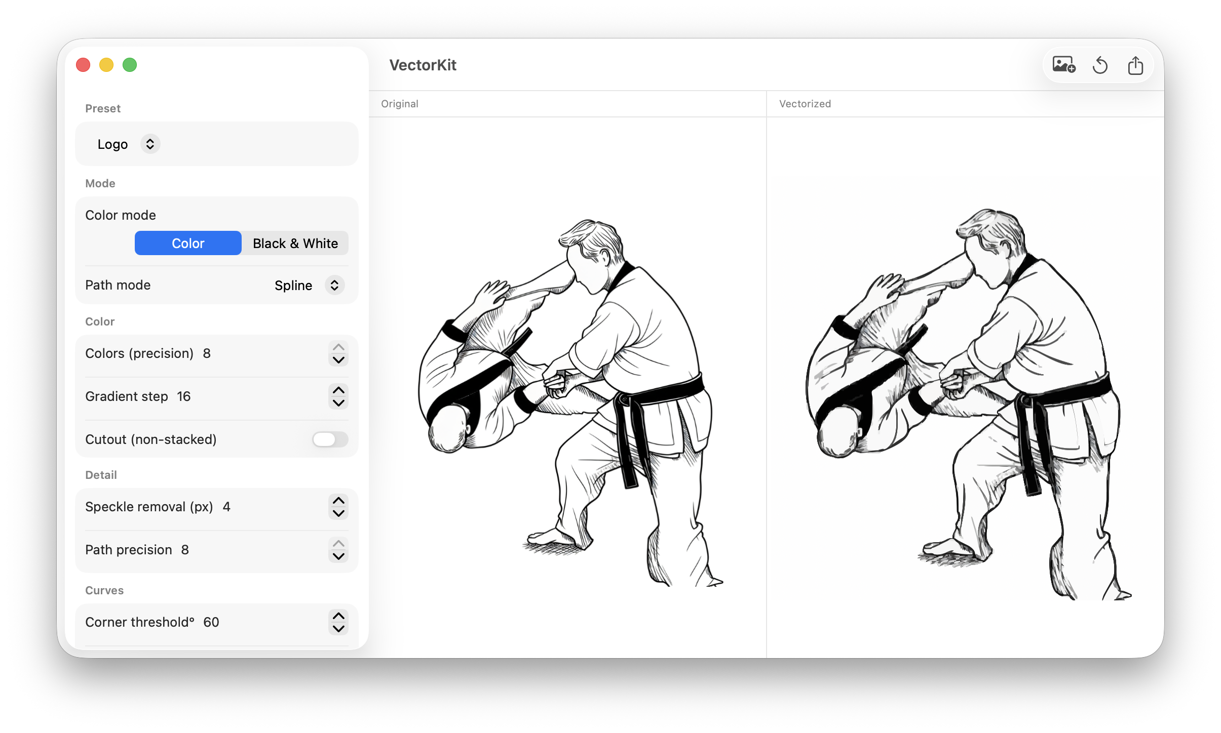 VectorKit app showing an image being vectorized with a live side-by-side SVG preview