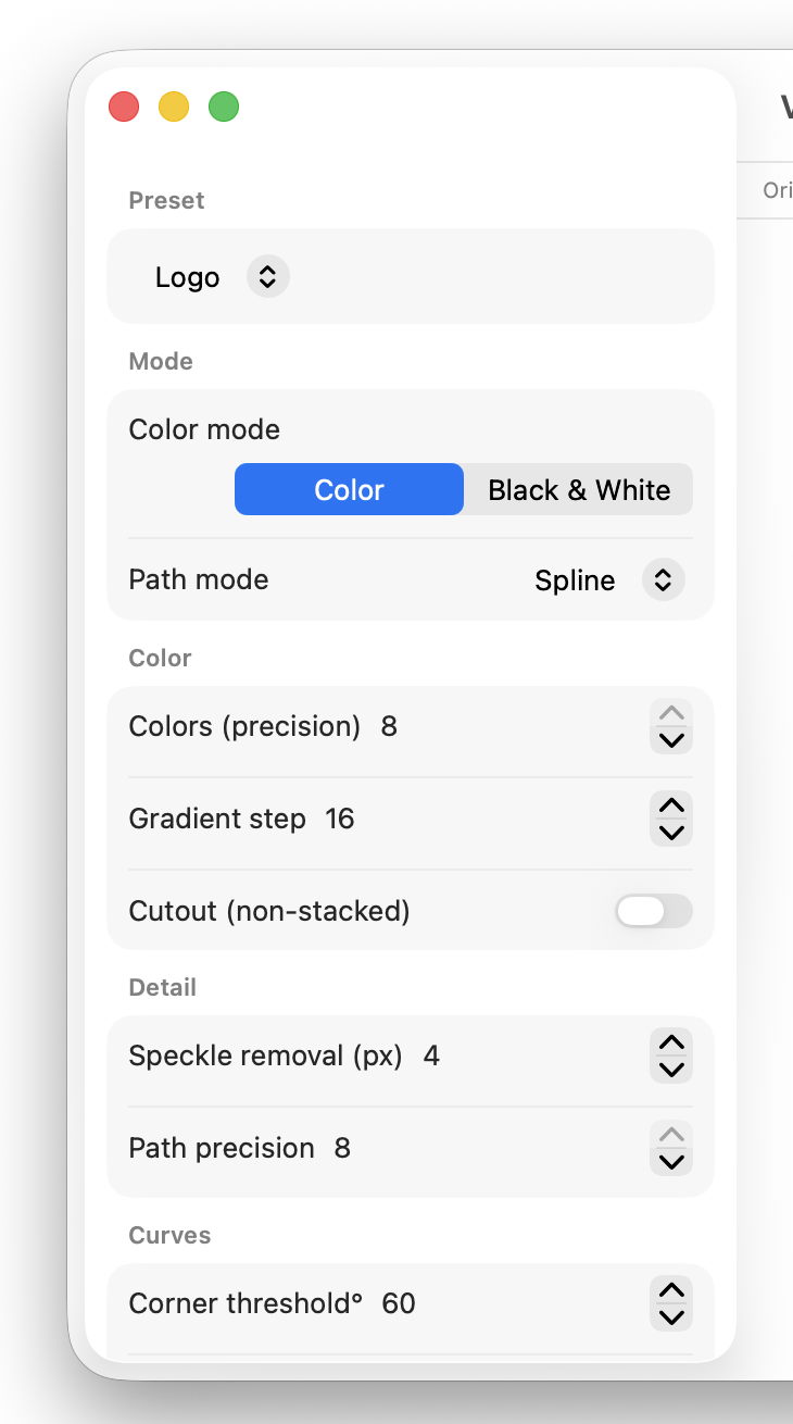 VectorKit's control panel with presets and tracing sliders